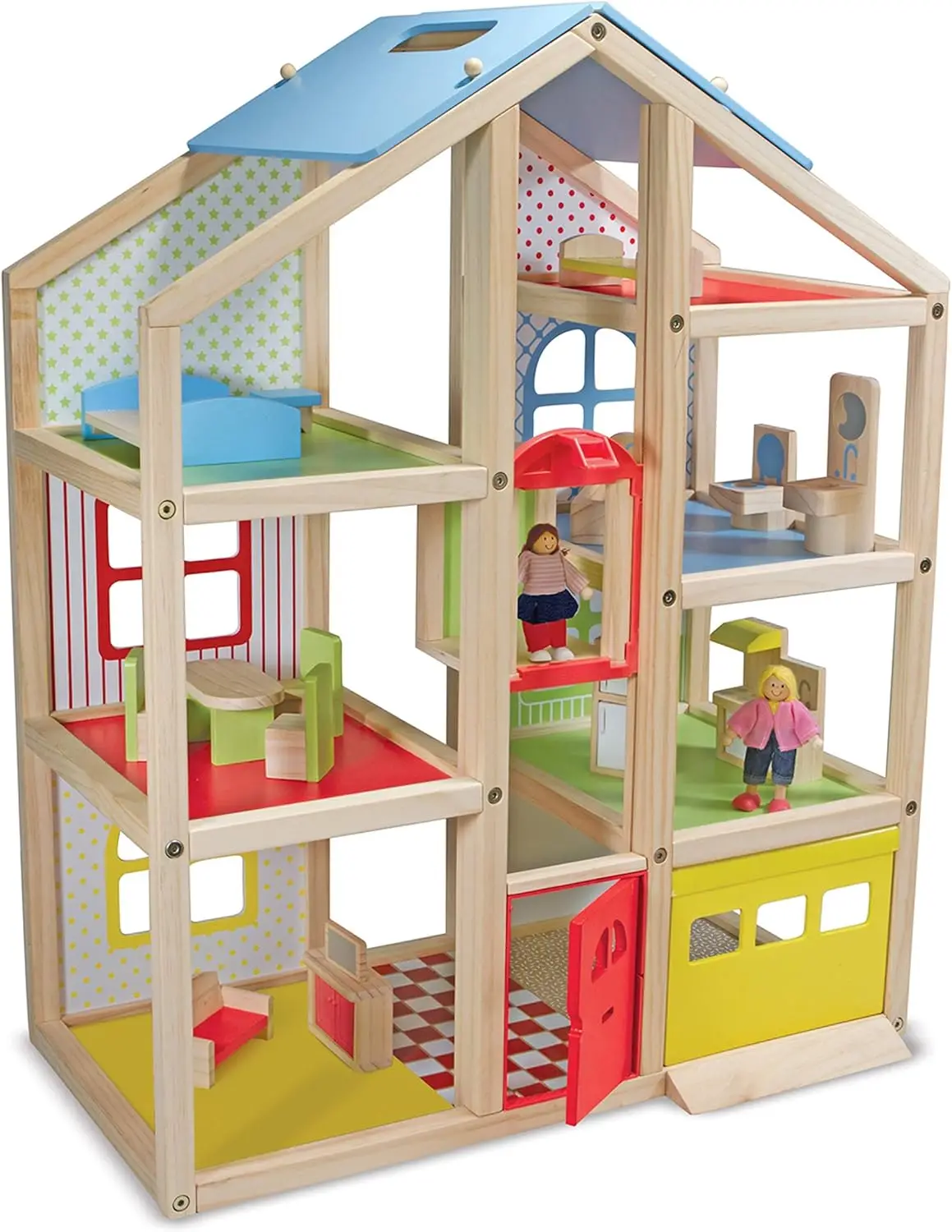 Hi-Rise Wooden Dollhouse With 15 pcs Furniture - Garage and Working Elevator