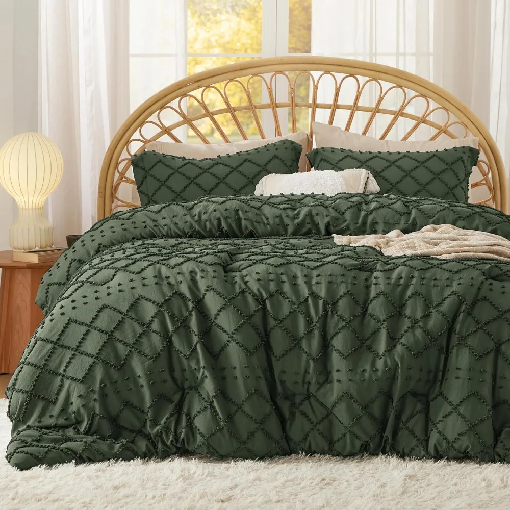 King Comforter Set - Olive Green Comforter, Boho Tufted Shabby Chic Bedding, 3 Pieces Vintage Farmhouse Bed Set for All Seasons