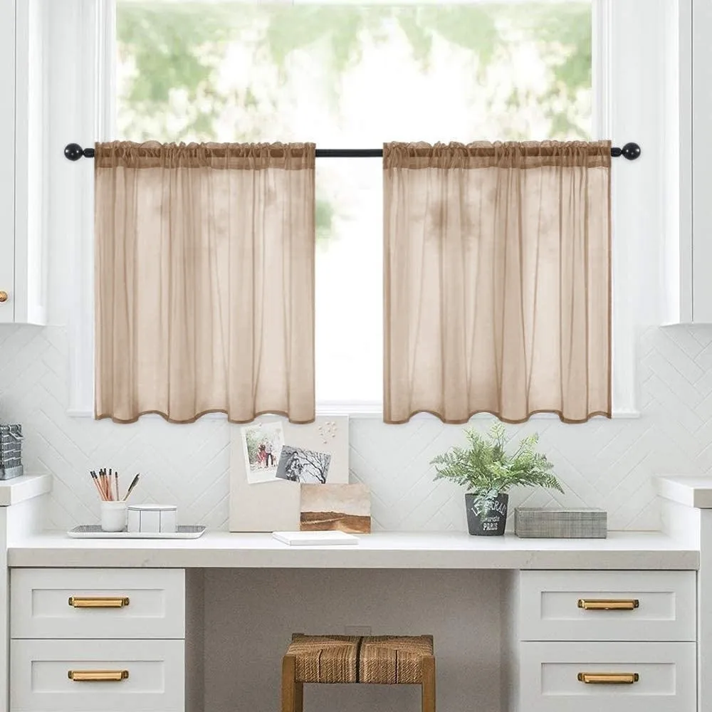 Decorative Light Filtering Short Curtains Through-rod Design Solid Color Tulle Curtains Gauze Transparent Divider Curtain Cafe