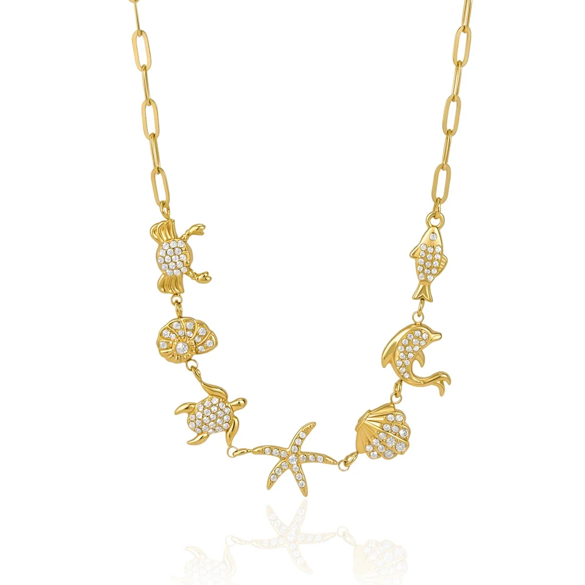 

Crystal Fish Starfish Conch Pendant Necklace For Women 18K Gold PVD Plated Stainless Steel Necklace Fashion Jewelry