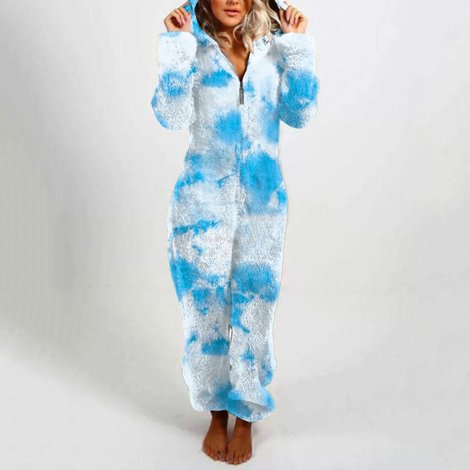 Women Winter Warm Plush Romper Pajamas Tie-dye Color Long-Sleeve Zipper High Neck Hooded Homewear Sleepwear For Women