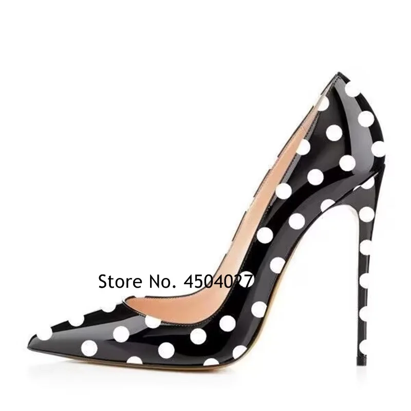 Black/White Polka Dots Patent Leather High Heels 12cm 10cm 8cm Stiletto Pointy Toe Classy Slip-on Shallow Pumps