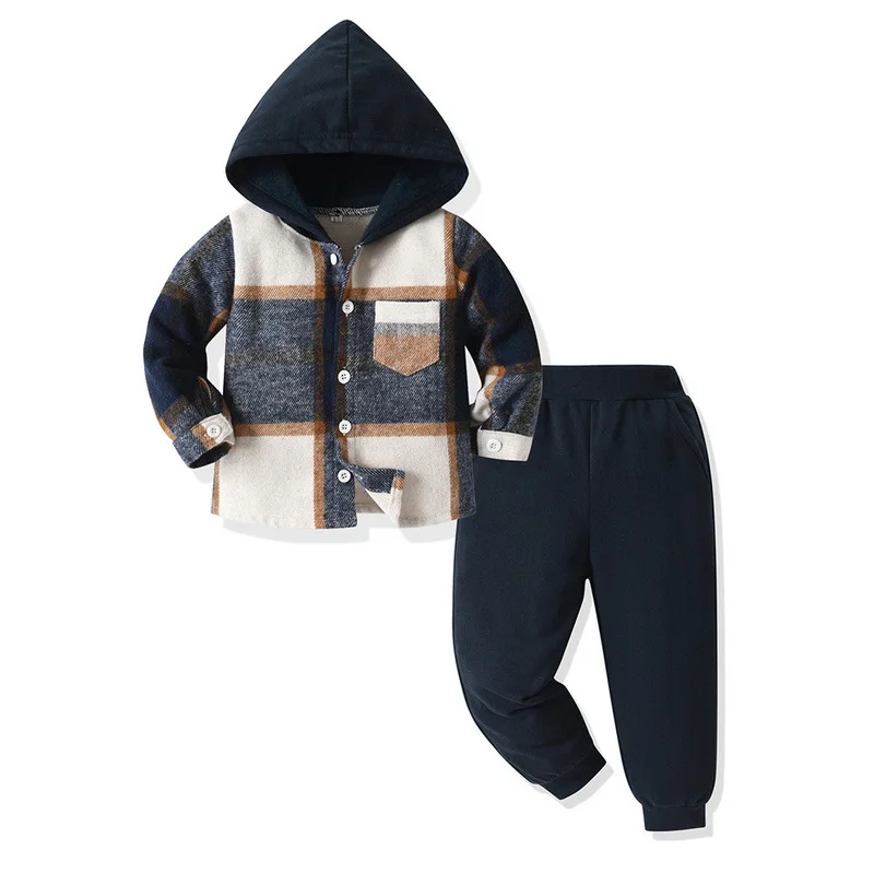 boys and girls neutral Korean version of everything with plaid shirt Haren pants small children hooded casual  children's suit