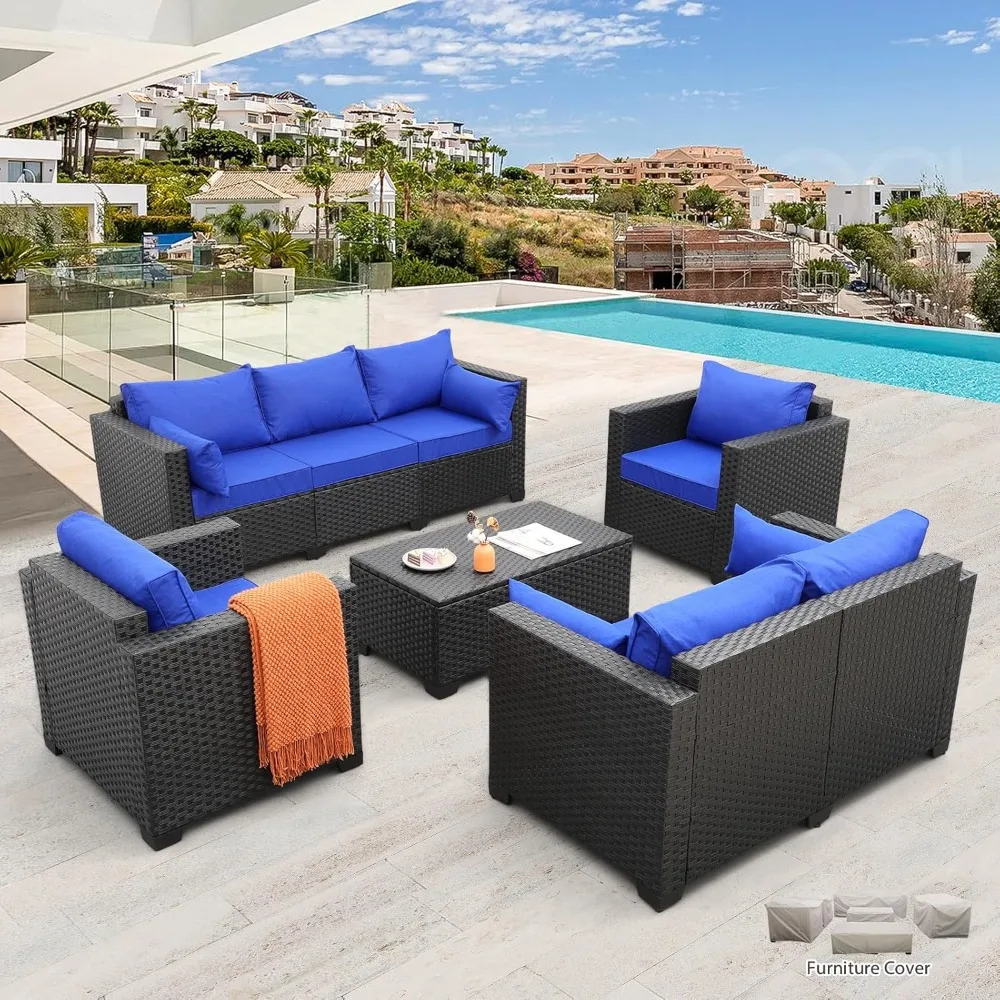 Outdoor Wicker Furniture Set 5 Pieces Patio Sectional Sofa Couch Set with Storage Table Royal Blue Anti-Slip Cushions Furniture