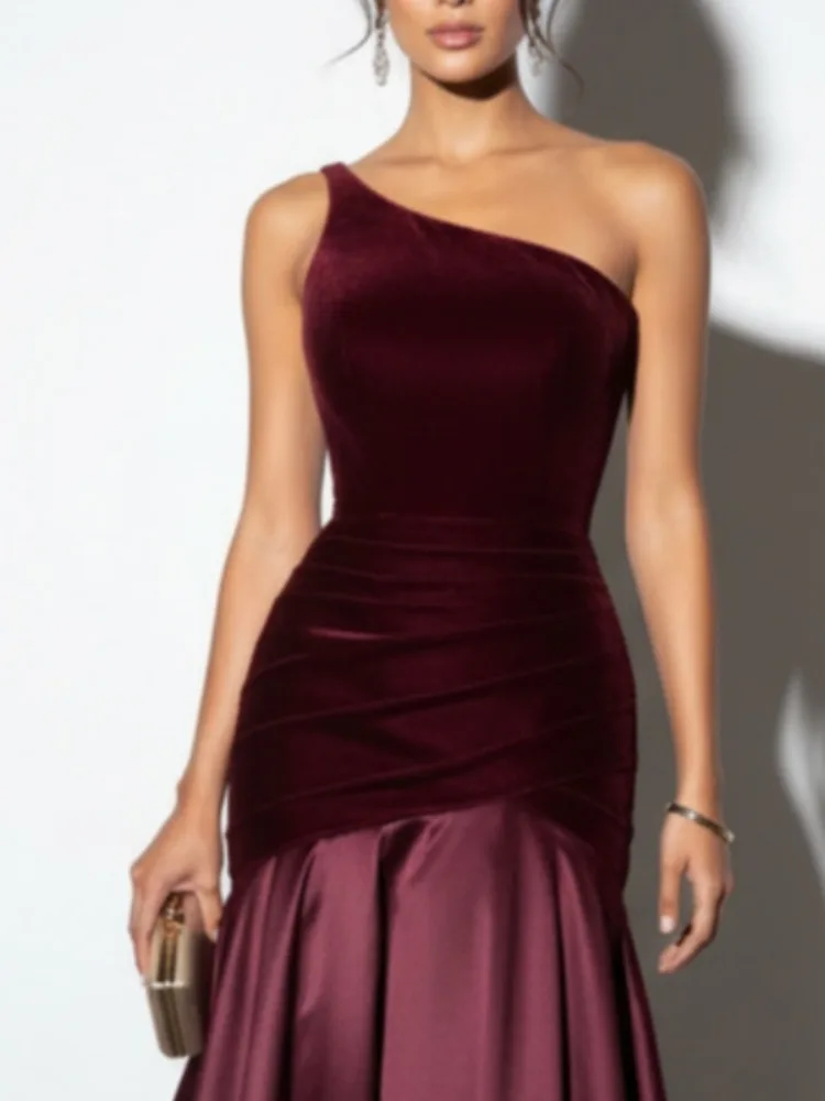 

Women Fashion Sleeveless Chic Party Dress, Holiday Elegant Skew Collar Slim Fit Maxi Dress, 2026 Patchwork Simple Ladies Dress