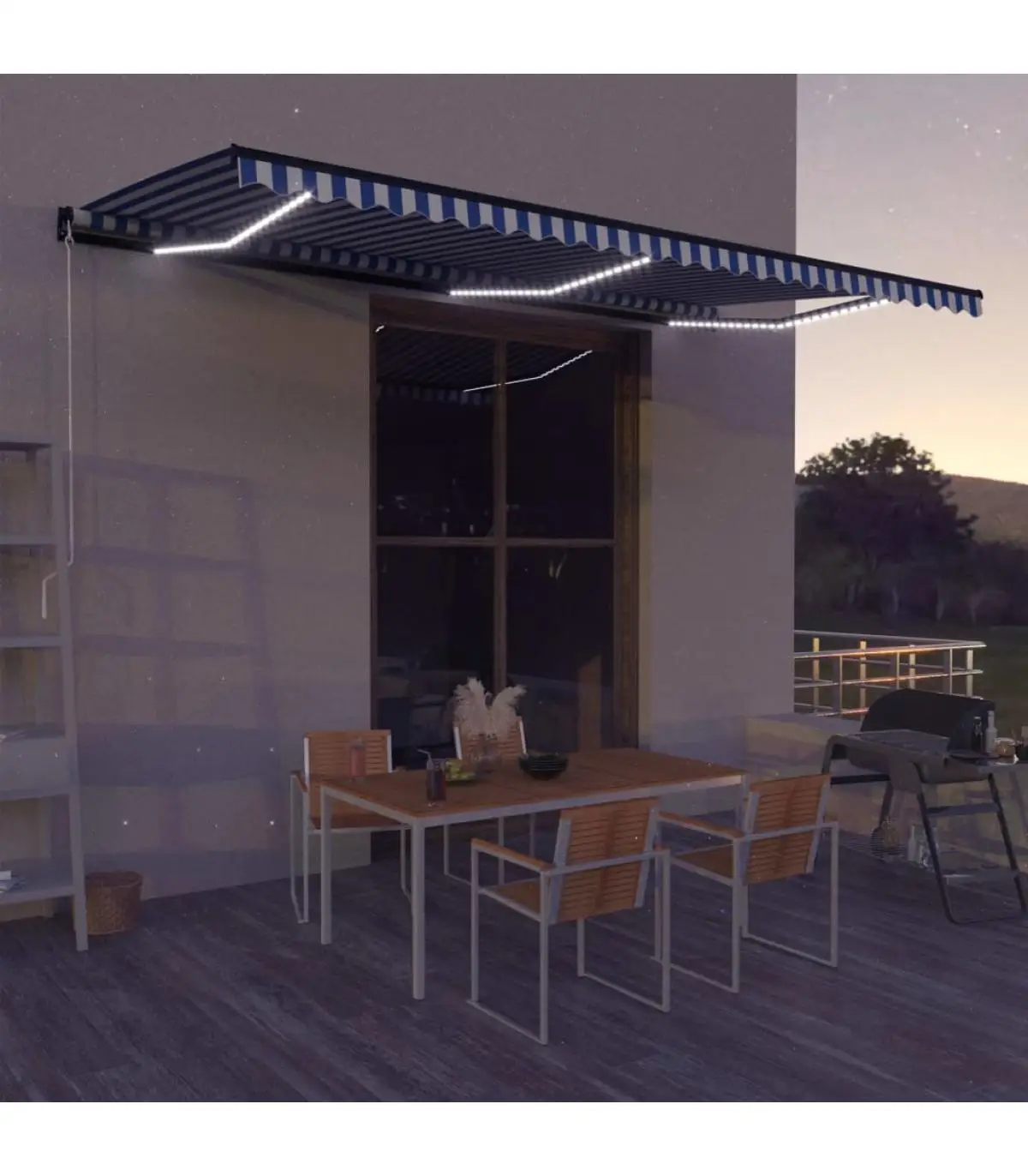 600x300 cm retractable manual awnings with blue and white LED