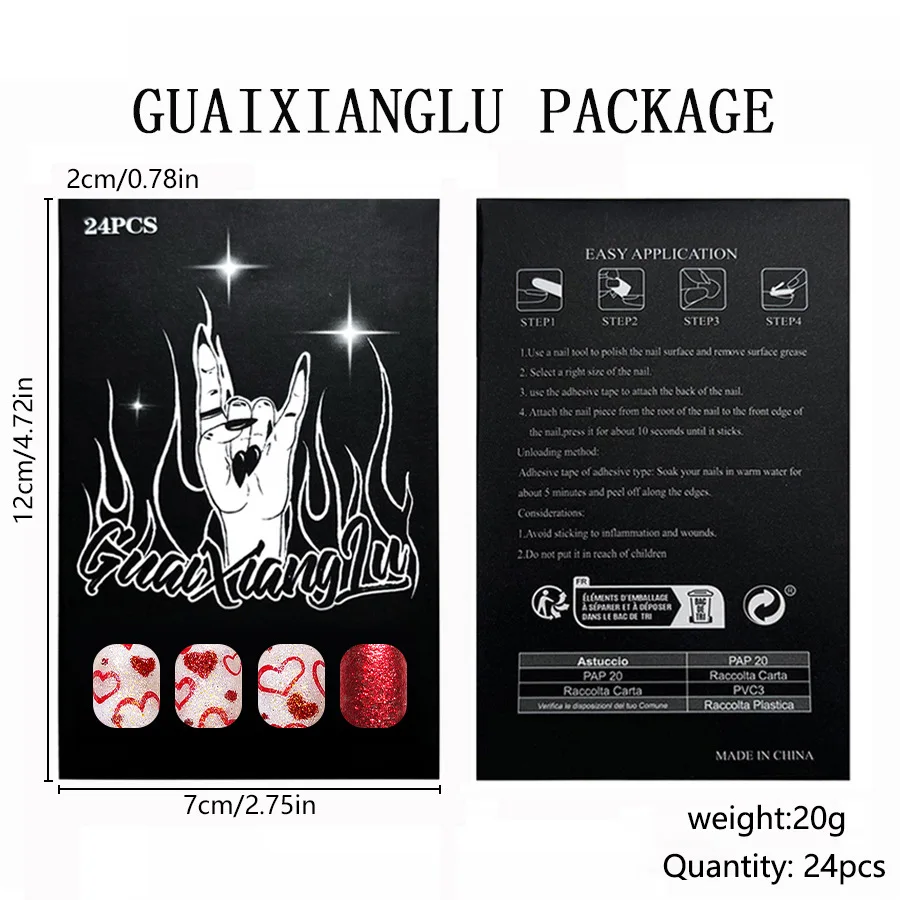 Imprensa quadrada brilhante curta em unhas 24 peças pontos de coração vermelho glitter doce dia dos namorados unhas falsas para mulheres