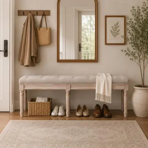Fabric Upholstered Dining Bench - Classic Entryway Ottoman Bench Bedroom Bench with Rustic Wood Legs - Beige
