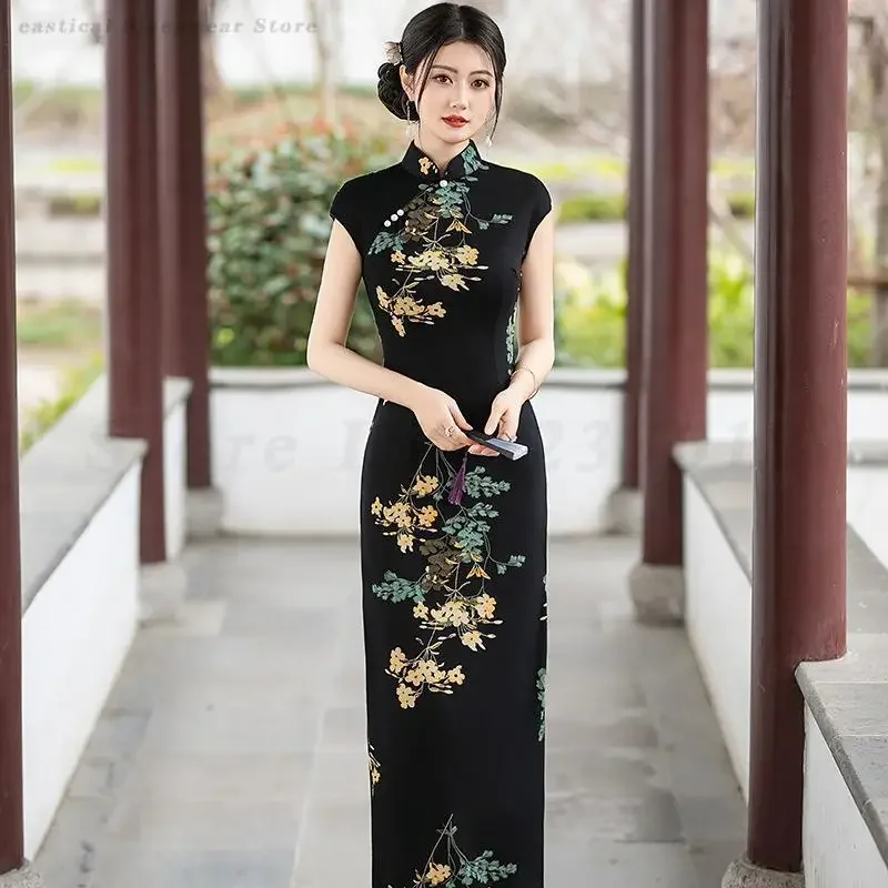

Lady Sexy Sleeveless Long Qipao New Chinese Style Printed Flower Traditional Cheongsam Dress Classic Oriental Costume Vestidos