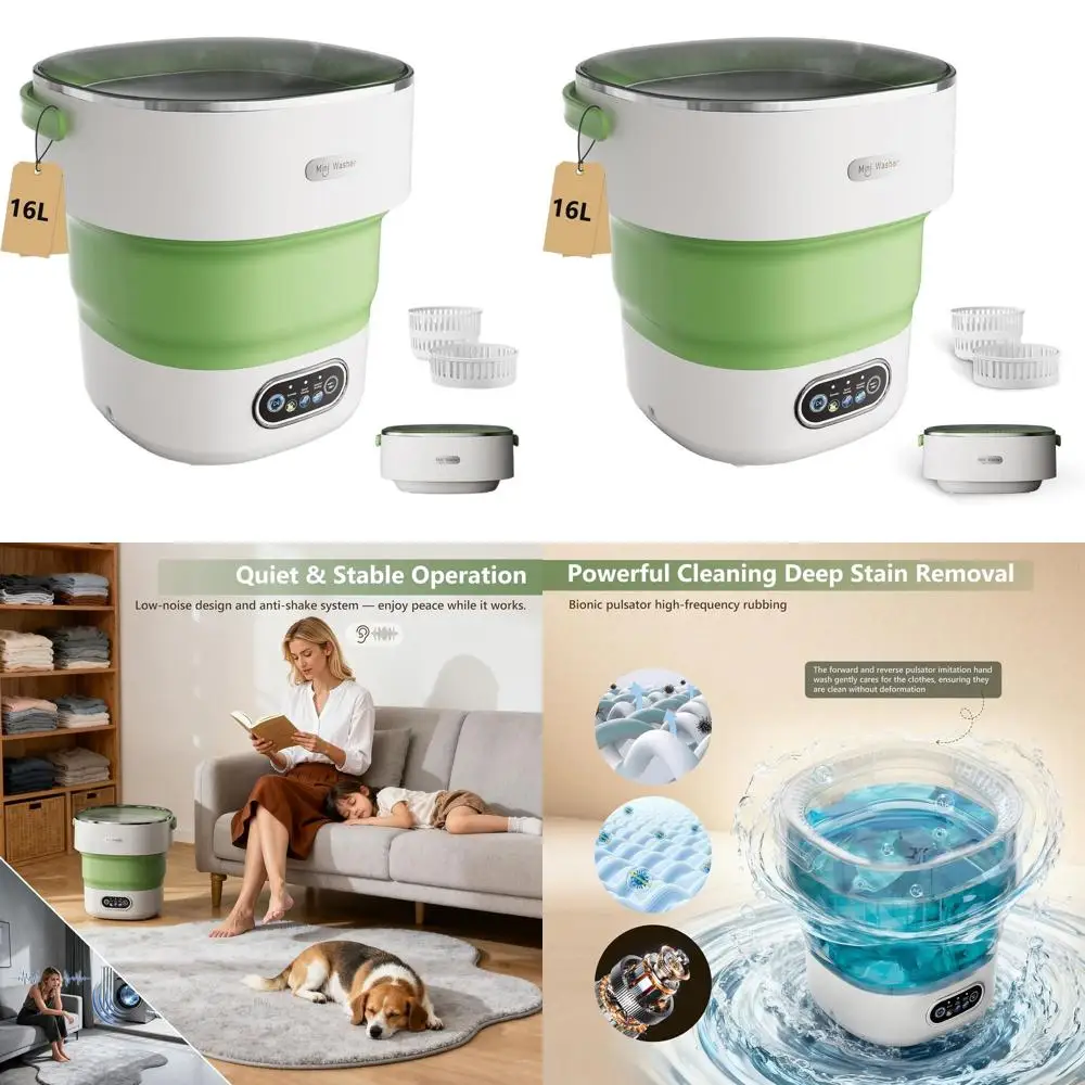 

Портативная стиральная машина и центрифуга на 16 л для небольших загрузок, идеально подходит для путешествий, общежитий и кемпинга - зеленый цвет