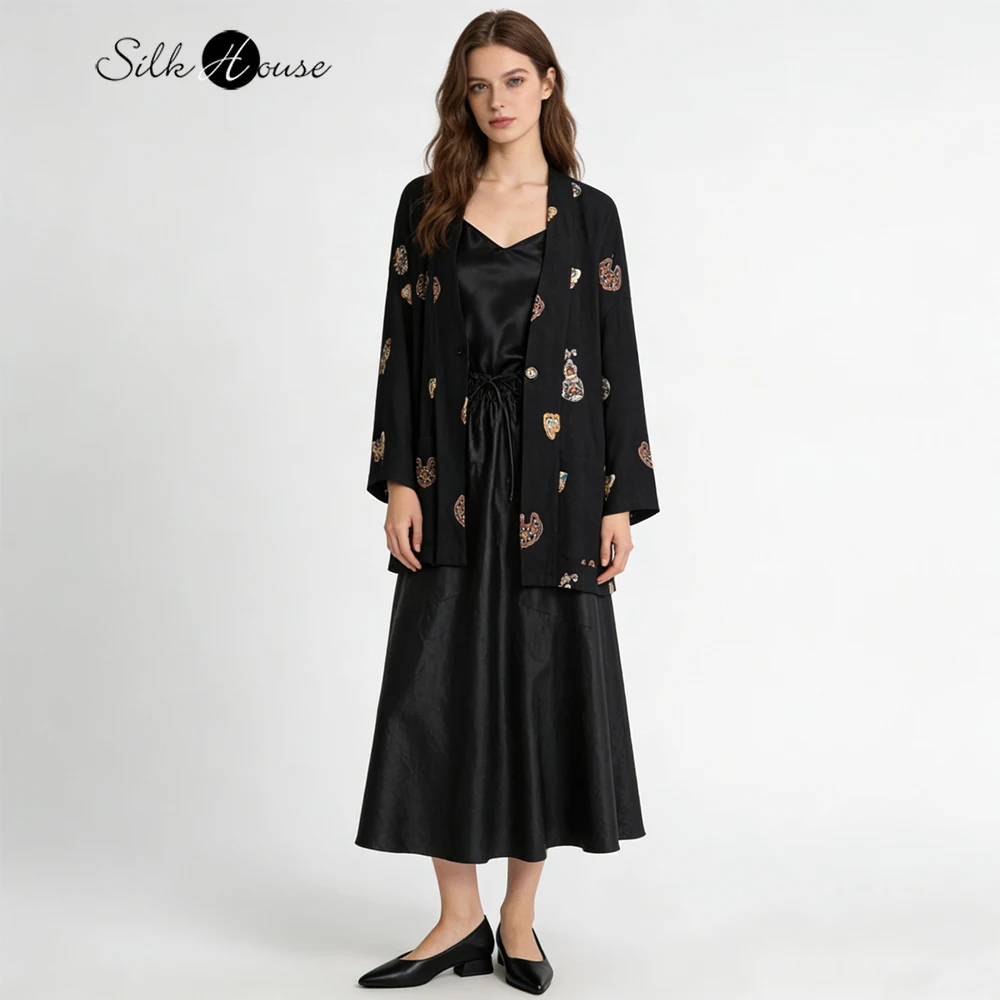 Women's Fashion Spring Clothing Gold Thread Embroidery 100% Natural Mulberry Silk Gambiered Guangdong Gauze Loose Black Suit