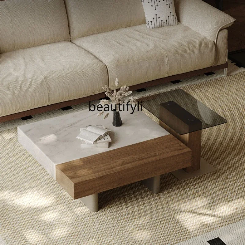 

Medieval marble coffee table combination square living room household wabi-sabi glass edge table