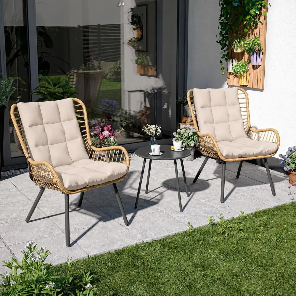 Compact Outdoor Bistro Set with Table and Cushioned Chairs for Patio, Garden, Balcony, Poolside in White
