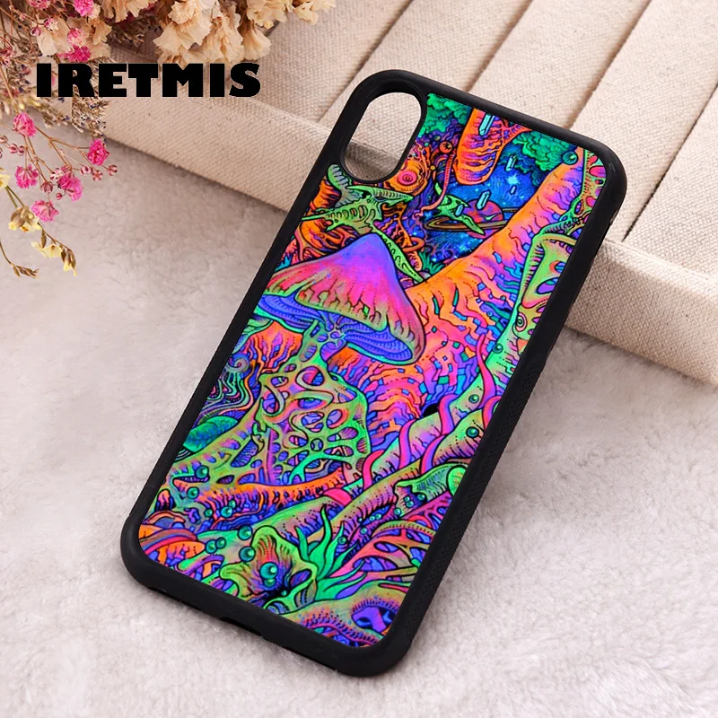 Iretmis Phone Cover Case For iPhone X XS Max XR 11 12 13 PRO MINI 14 15 16 Plus Rubber Silicone Rainbow Colourful Funky Mushroom