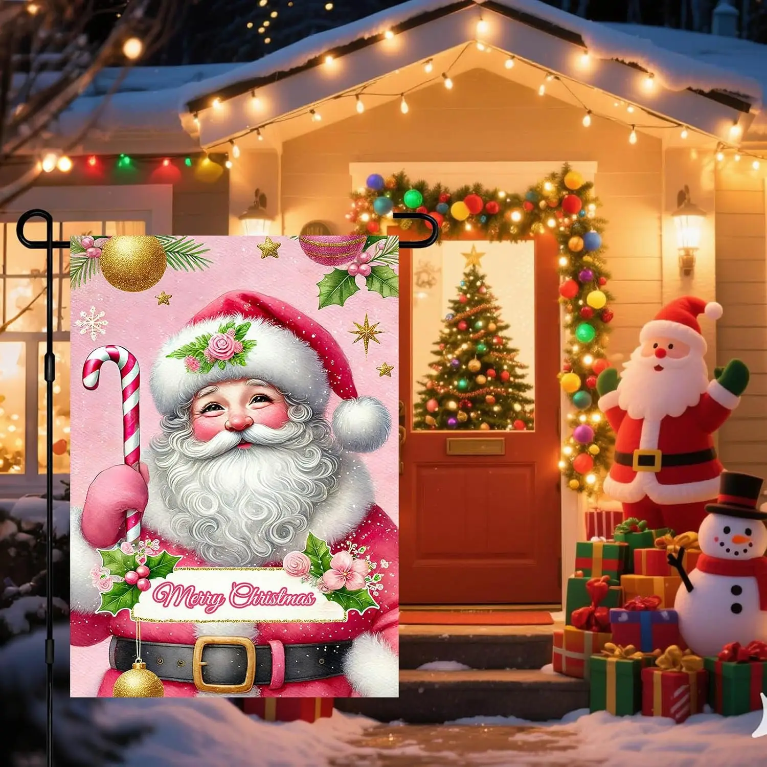 Christmas Garden Flag 12x18 Inch Pink Santa Claus Holding Candy Cane Double Sided Holiday Yard Banner Outdoor Decorative Fla yyi