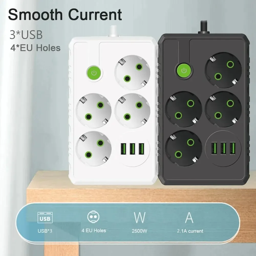 EU Plug Outlet 2/4/6 Sockets Multitap Power Strip Electrical Socket 2m Extension Cord with 3 USB Ports 2500W MAX Power 1 Switch