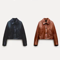 2024 ZAR4 Autumn New Women's Fashion Style Versatile Casual Solid Color Leather Short Jacket Outer