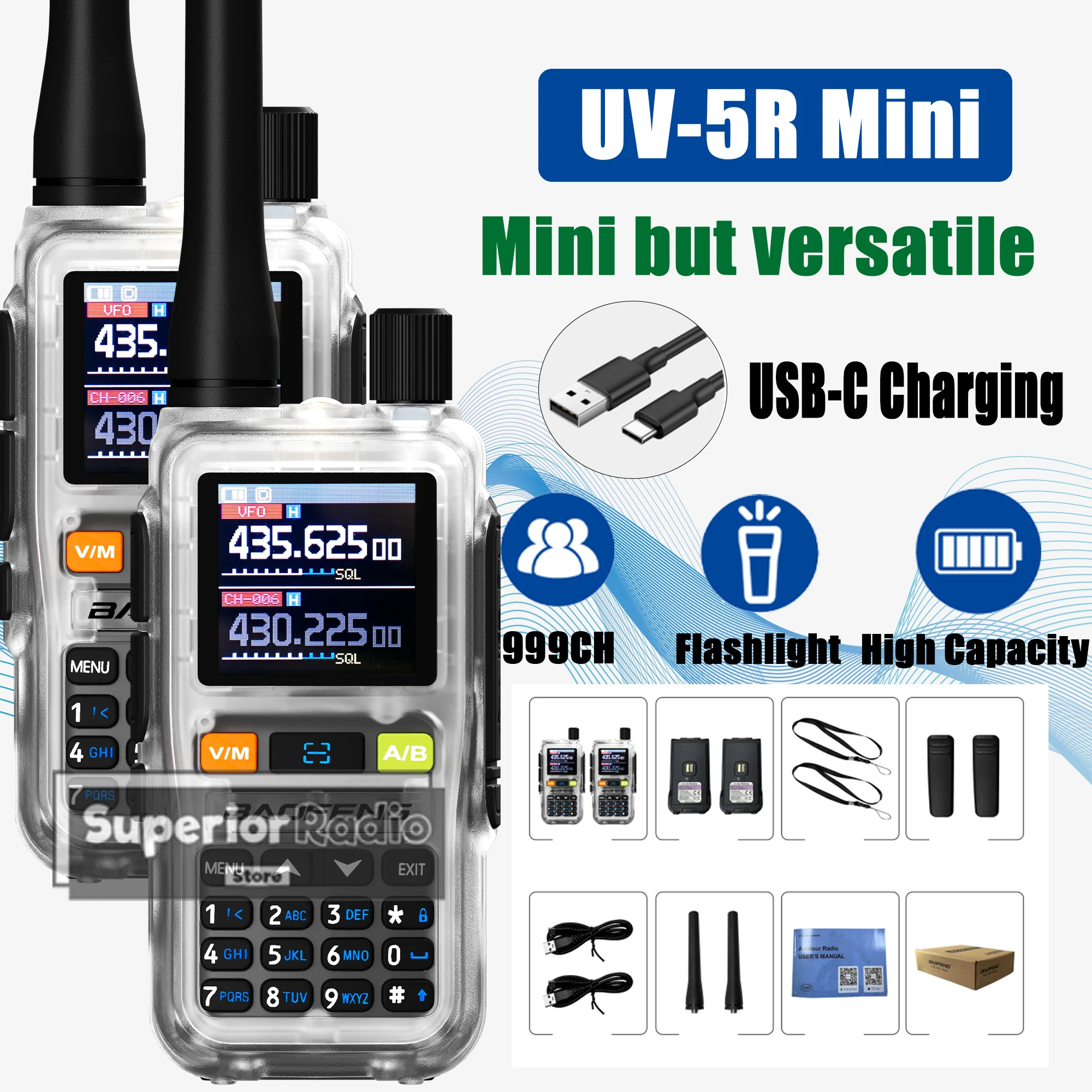 1/2/4PCS Baofeng UV-5R Mini Walkie Talkie Transparent Type-C Versatile AM FM Fast Copy High Capacity Alarm Function DTMF Radios