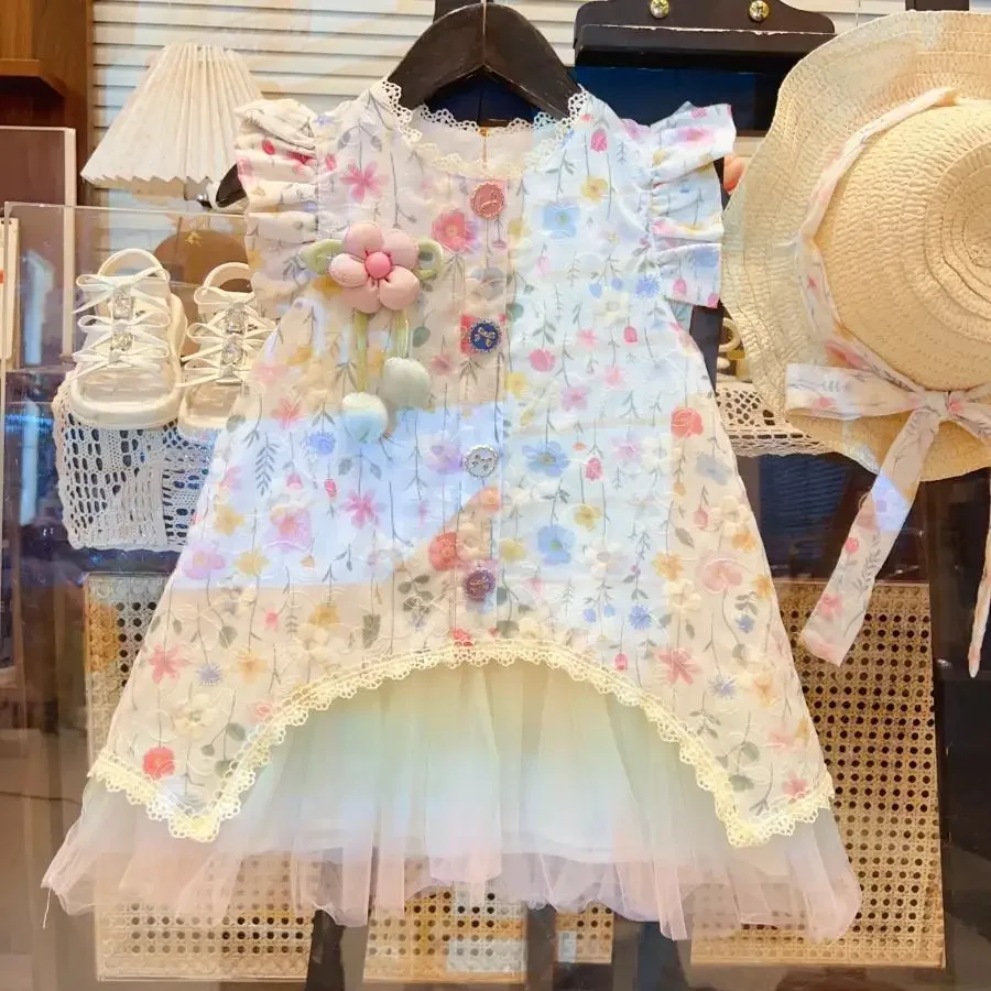 Girls' Baby Lace Floral Mesh Dress Summer Fashion Children's Embroidered Flower Princess Dress 90-150CM