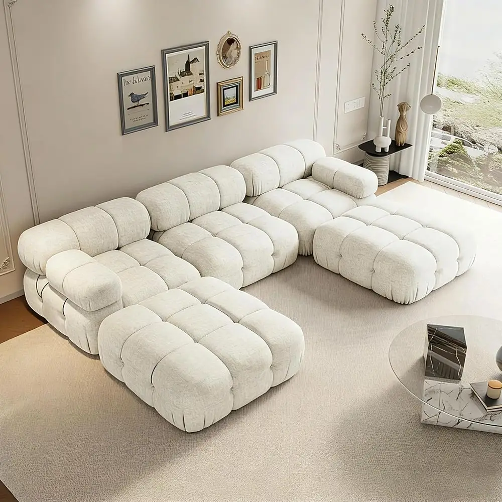 

Extra Large 150 L-Shaped Sectional Sofa with Reversible Chaise Ottoman, Plush 5 Seater Velvet Loveseat, Beige