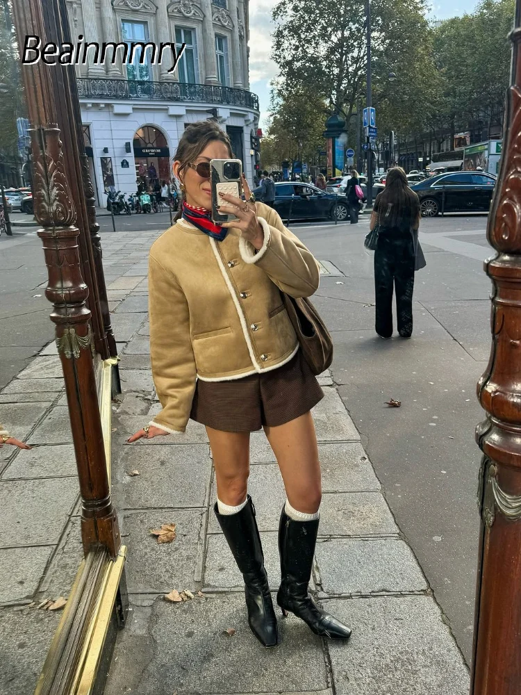 

Women Elegant Fur Patchwork Coat Casual Round Neck Single Breasted Pocket Loose Short Outerwear Lady Autumn Commute Office Coats