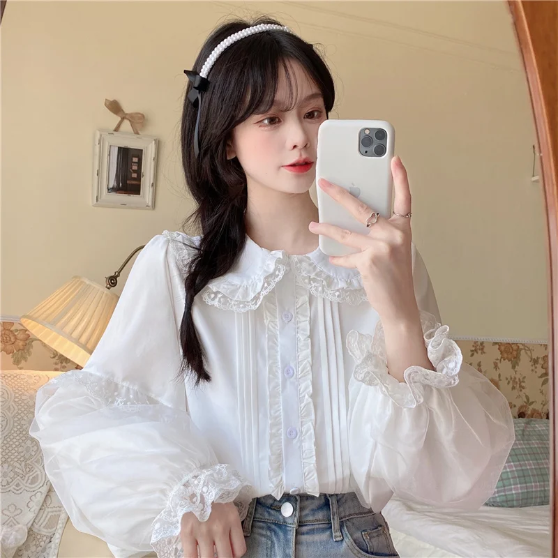 

Harajuku Sweet Cute Lolita Jk Shirts Women Peter Pan Collar Single Breasted Blouses 2025 Summer New Long Sleeve Blusas Mujer