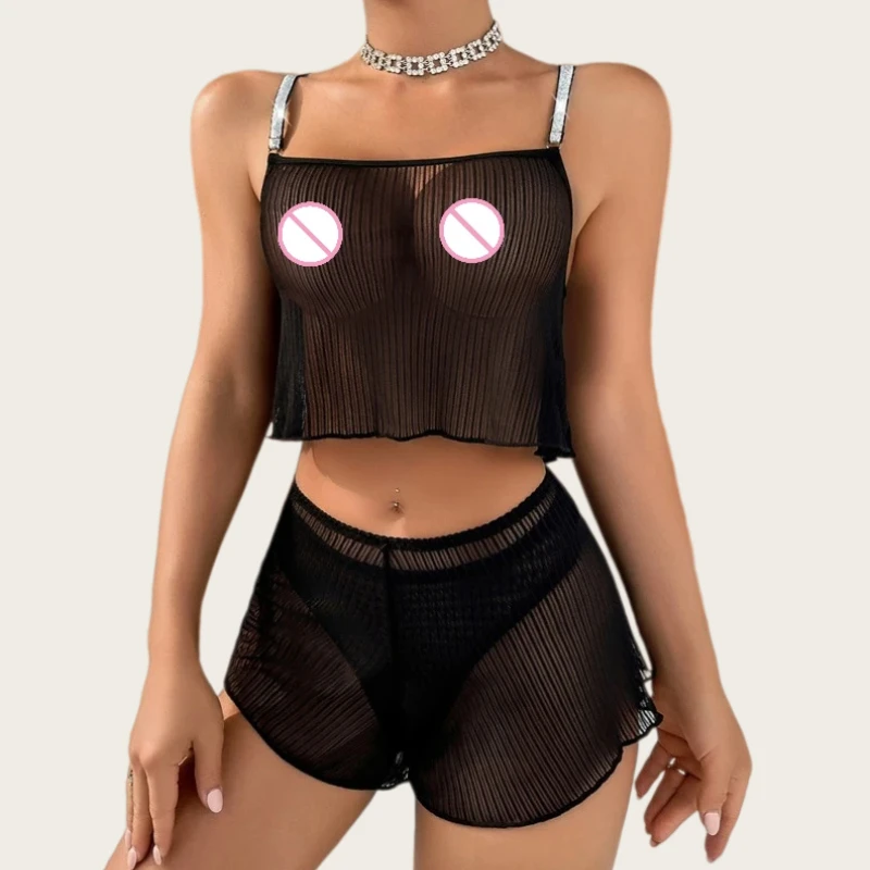 Kave Sexy Female Lingerie Shiny Rhinestone Straps Three Piece Set Sensual Mesh Sheer Sleepwear Pure Desire Women's Sex Underwear