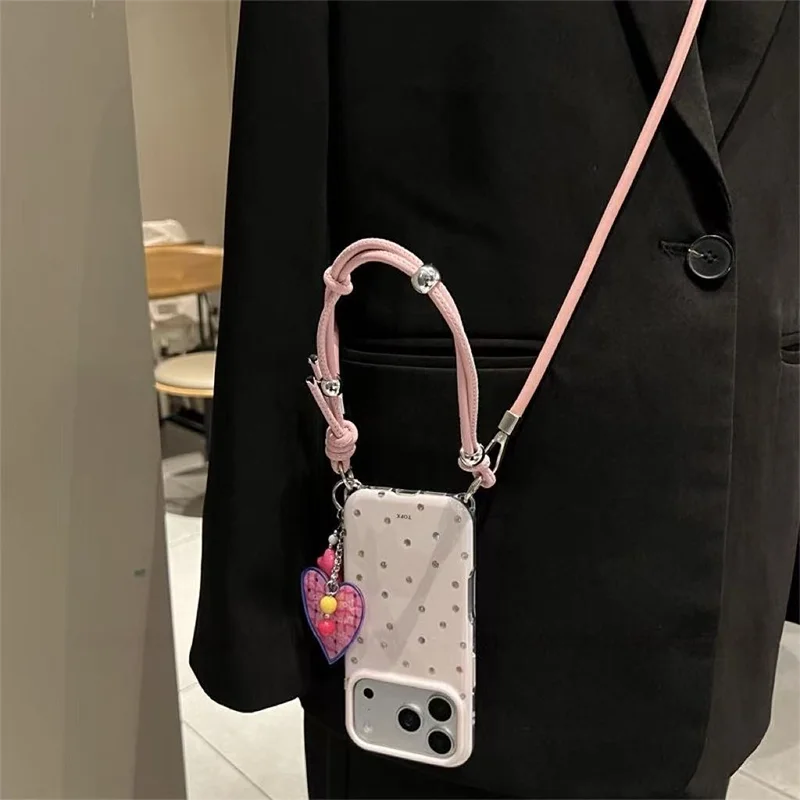 Pink Acrylic Phone Case for iPhone 18 Pro Max 17 Pro Max 16 15 Pro Max, Hand Lanyard & Crossbody Strap Cute Women Phone Cover