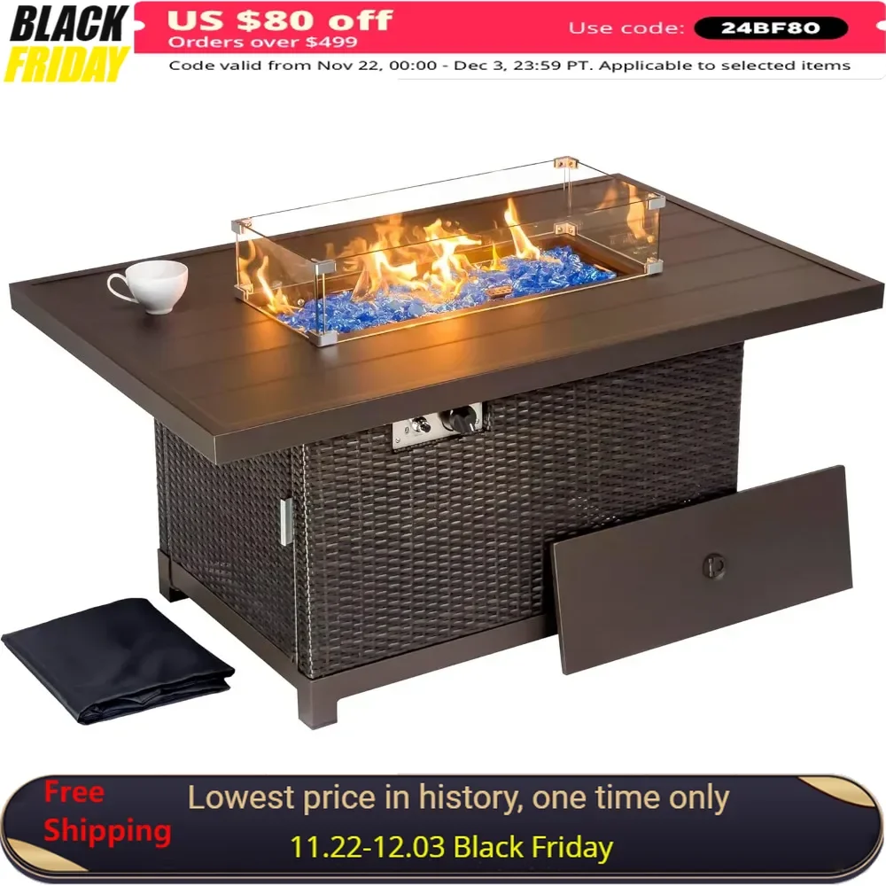 

52-Inch Fire Pit Table, Rectangular Aluminum Frame, 50,000 BTU, Includes Wind Guard and Fire Glass, Propane Gas Fire Pit Table