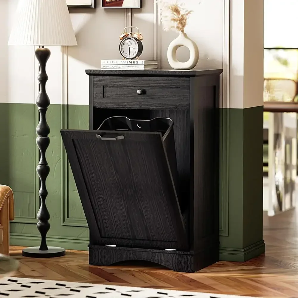 

13 Gallon Wooden Kitchen Trash Can Cabinet with Hidden Drawer and Pet Proof Lid