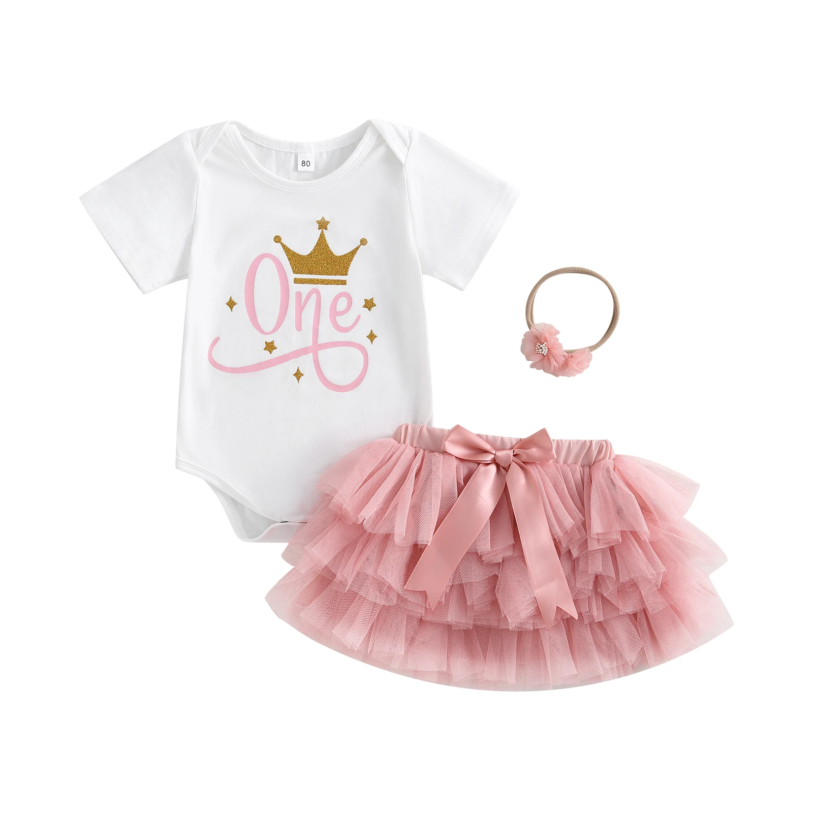 Baby Girls Summer Outfit Sets White Short Sleeve Letter Crown Print Romper + Pink Tulle Skirt + Headband