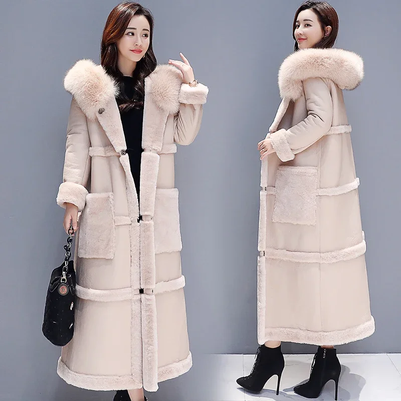 Large Size Winter Lambswool Jacket Coat Women Long Faux Leather Jacket Female Thicken Warm Overcoat Womens Hooded Faux Fur Coats