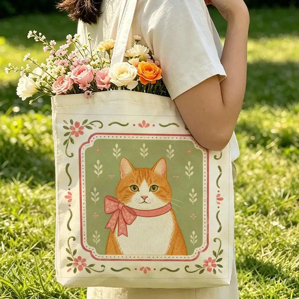 Cute Cat Portrait Photo Frame Storage Bags Beach Canvas Shoulder Tote Bag Double-Sided Print Fashion Handbag for Travel Picnic