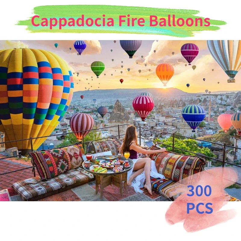 51*34cm 300PCS Paper Jigsaw Puzzle Cappadocia Hot Fire Balloons Landscape Stress Relief Children Educational Christmas Toys