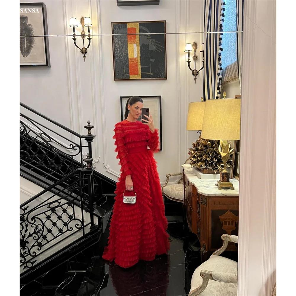 Sansa  Red O-Neck Long Sleeve Prom Dress Boll Gown Customized Party Dress Detachable Shawl Floor-Length Evening Dresses