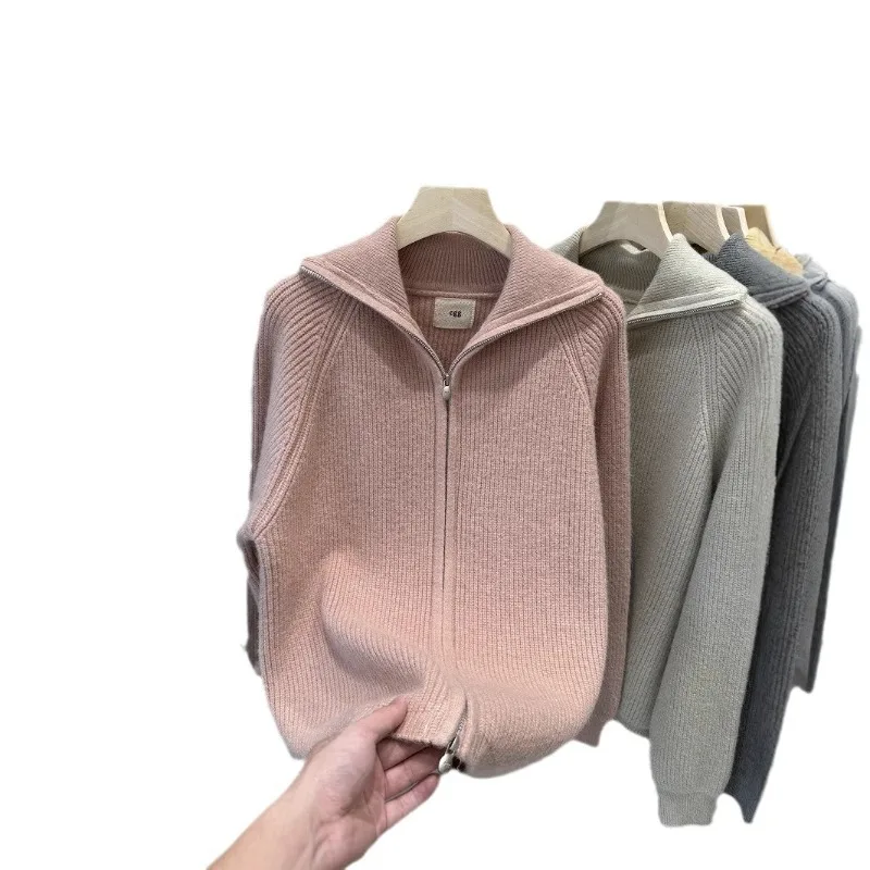 가을 신상 여성용 한리 한치 더블 지퍼 라펠 긴 소매 니트 가디건 심플하고 다재다능하며 까다롭지 않고 패셔너블하다