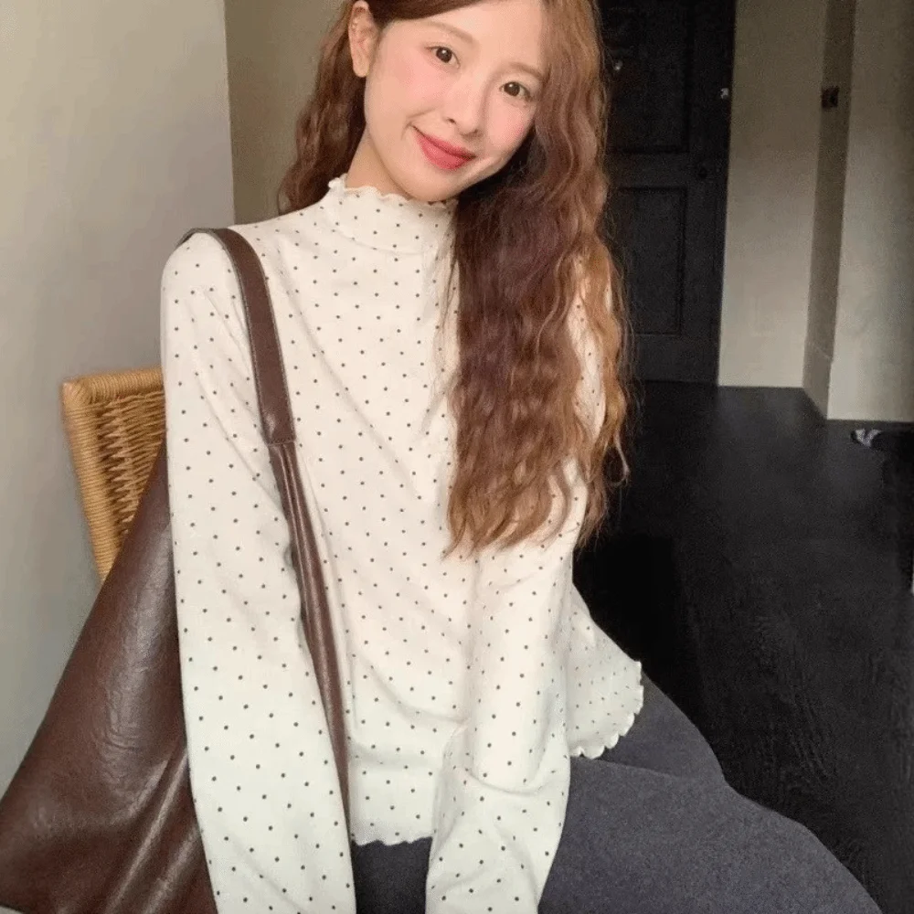 New Half High Collar Polka Dot Top Slight Stretch Polyester Blend Long Sleeve Top Slim Fit Turtleneck Shirt Everyday Wear