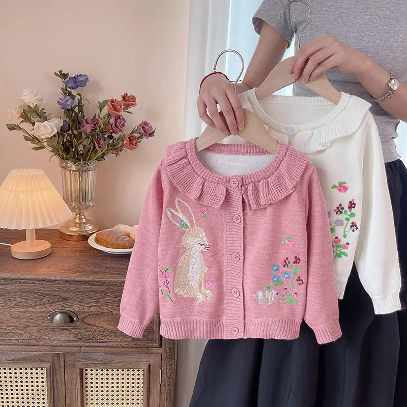 

Winter Pink Kids Sweater Cute Rabbit Embroidery Knitted Soft Cardigan Warm Girls Top Winter Baby Girl Clothes 4 5 6 7 8 Years