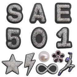 1-12Pcs PVC Flash Powder Star Numbers Shoe Charms Buckle Clog Silver Series Slipper Decoration Fit DIY Cool Backpack