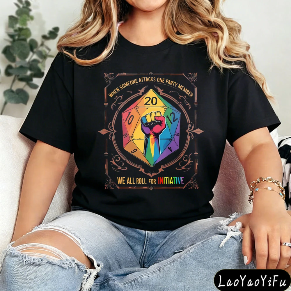 LGBT T-Shirt We All Roll for Initiative Pride Month Shirt Vintage Board Gamer D&D Tee Men Women Fashion Crewneck Cotton Tshirt