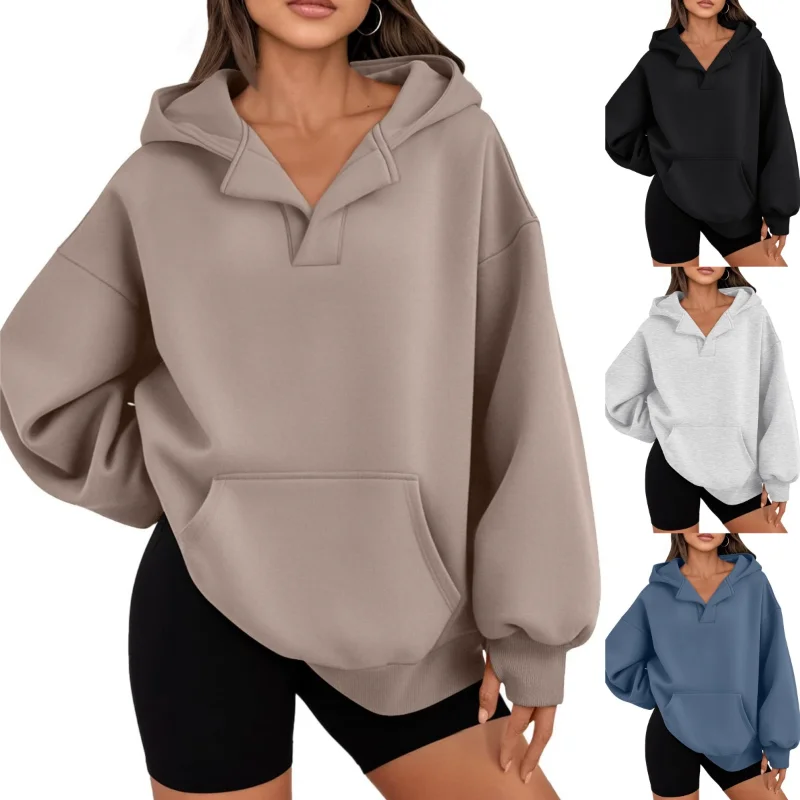 

Женская однотонная толстовка с капюшоном и свободными карманами и длинными рукавами, новинка зимы 2025 года