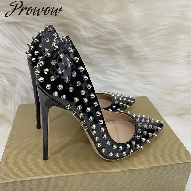 

New celebrity rivet high heels 12CM pointed thin heel shallow mouth Pumps Shoes Women
