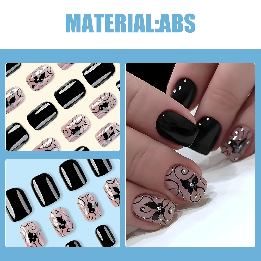 

1Set Black Press on Nails Short Length Fake Nail Kit with Butterfly Vine Pattern Comfortable ABS Material for Daily Style