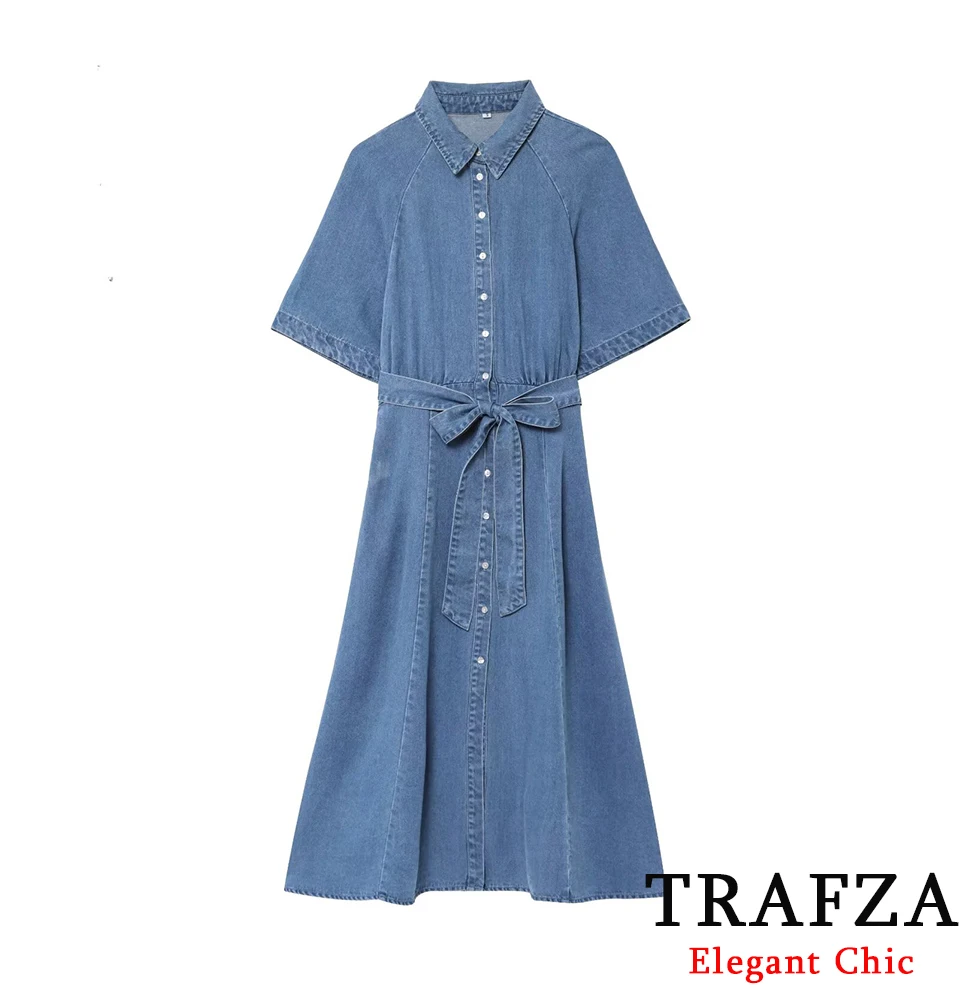 

TRAFZA Women Casual Denim Dress Button Belt Short Sleeve Dress 2025 New Spring Summer Fashion High Street Elegant Daily Dress