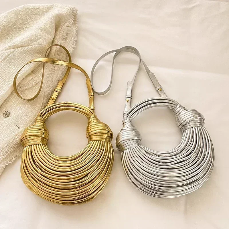 Handbags for Women New in Gold Luxury Designer Brand Handwoven Noodle Bags Rope Knotted Pulled Hobo Silver Evening Clutch