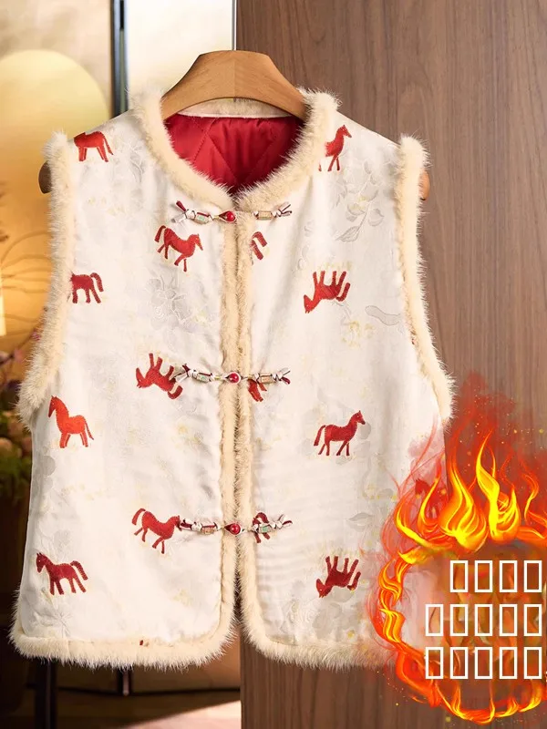 

Новый китайский хлопковый жилет из норки с вышивкой, красный новогодний маленький топ с плечами, Thiened, осенне-зимний прямой крой Jaet