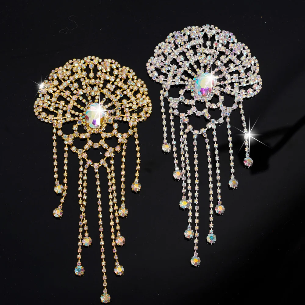 Exquisite Fan Shaped Rhinestones Applique Glitter AB Shining Crystal Fringe Motif Patch DIY Sewing Clothing Bag Dress Decoration