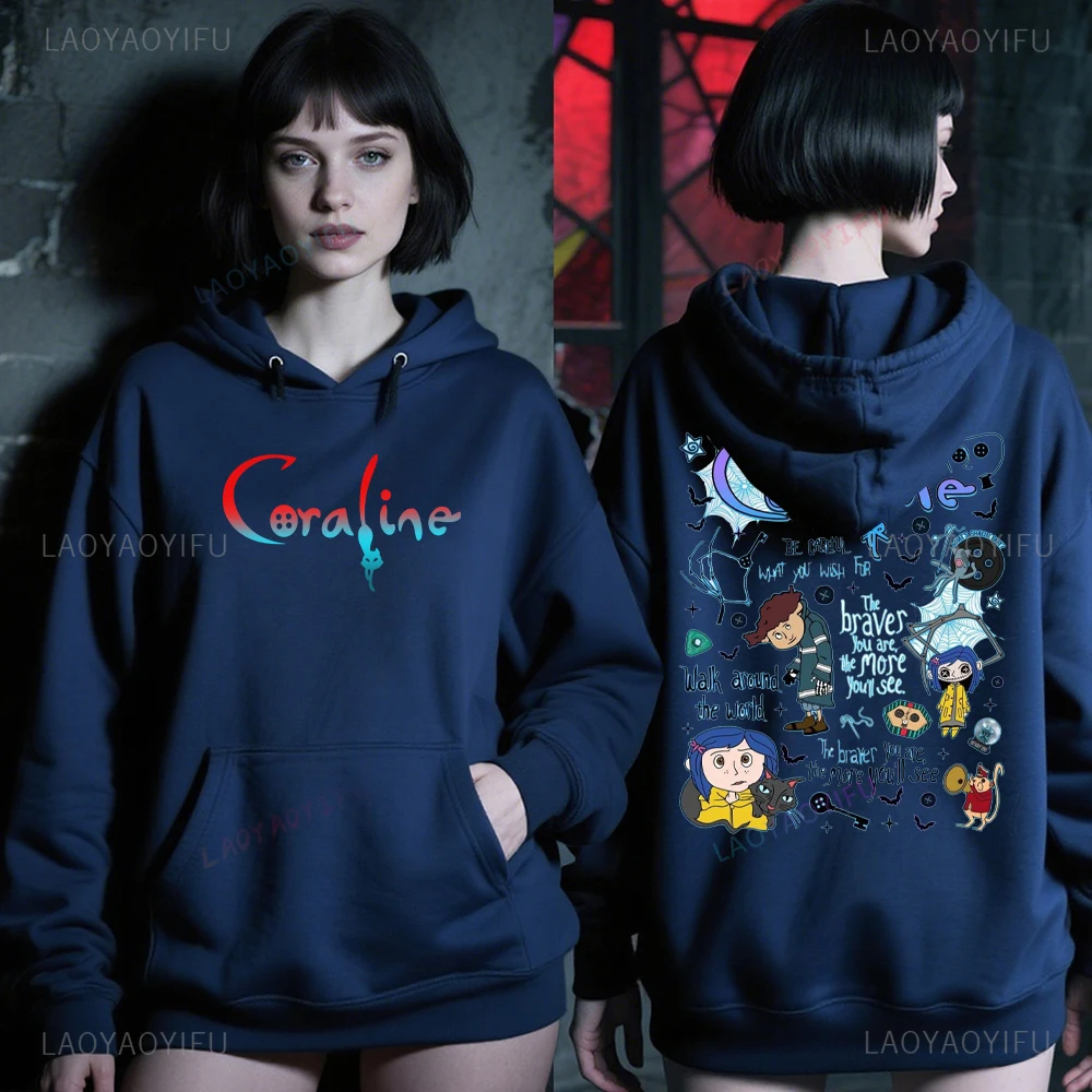 Vintage dessin animé film bouton yeux féminin pull vêtements Coraline graphique à capuche Harajuku femme Blusas femme homme sweat