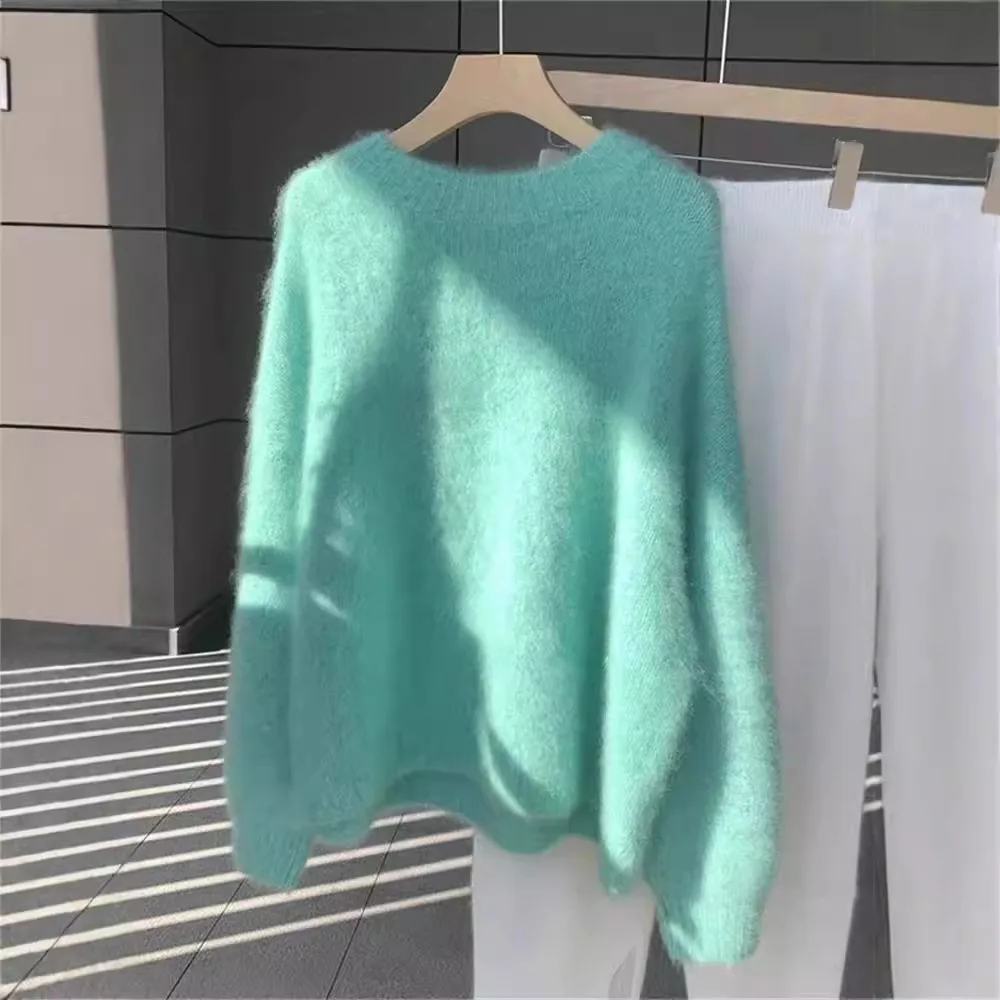 

2025 New Women's Purple Mohair Thickened Fufu Knitwear Loose Lazy Style Autumn Winter Warm Plush Sweater for Casual Wear
