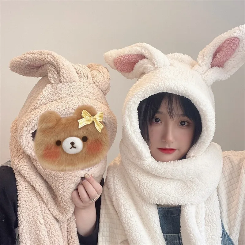 Cute Hat and Scarf Hoodie Winter Scarf Oversized Bunny Ears Hat Set Scarves Female Scarf Gloves Warm Costume Bunny Ear Hat